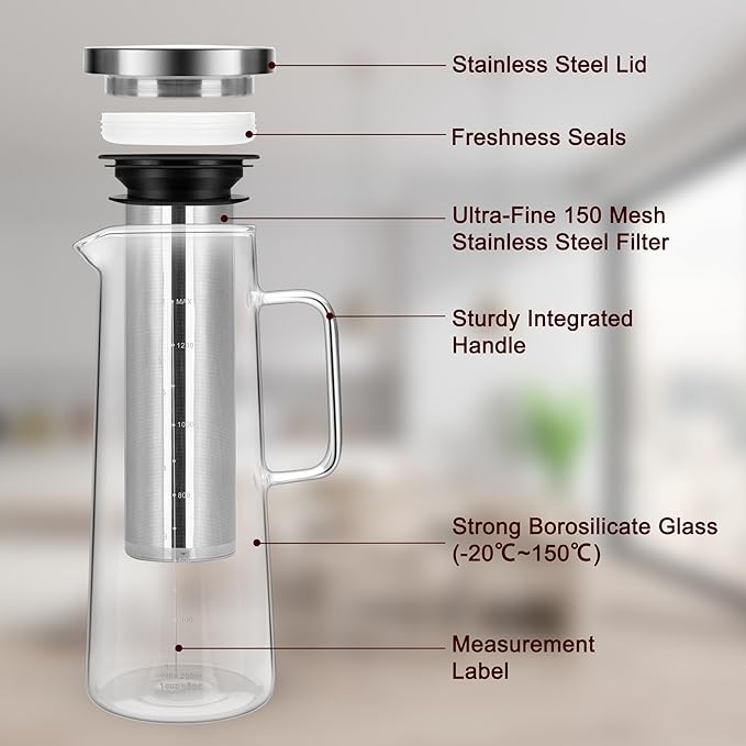 Cold Brew Coffee Maker & Ice Tea Maker, 1.4L/48oz Cold Brew Pither, Borosilicate Glass Carafe with Stainless Steel Filter, Airtight Lid, Dishwasher Safe, Easy to Use | Mannual & Brush Included