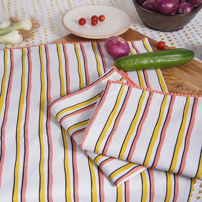 Printed Kitchen Dish Bar and Tea Towels Cotton, 18x28 inch with Trims, Cotton Dish Towel Sets (Yellow Stripes, Set of 6) by TARANLIVING