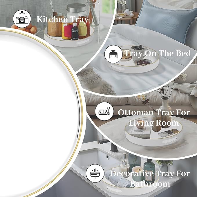MAONAME 13" White Decorative Tray, Plastic Round Serving Tray with Handles | Decorative Tray for Coffee Table, Modern Ottoman Tray, Circle Tea Tray, Round Melamine Tray for Living Room, Bathroom - Image 7
