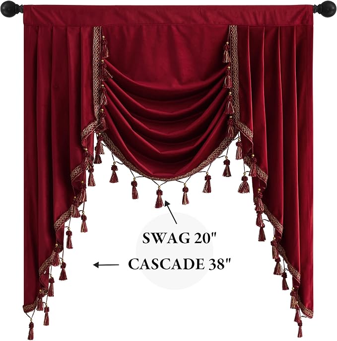 Christmas Red Waterfall Velvet Curtain Valances W39 inches, 1 Panel | Luxury Soft Waterfall Valance Decor for Theater, Rod Pocket Room Darkening Window Drapes for Bedroom, Holiday - Image 2
