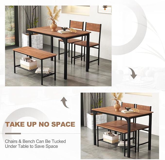 Giantex Dining Table Set for 4, 43" Kitchen Table and Chairs, Dining Bench with Metal Frame & Storage Rack, 4-Piece Modern Functional Desk Set for Dinette, Small Space, Apartment, Restaurant, Walnut - Image 7
