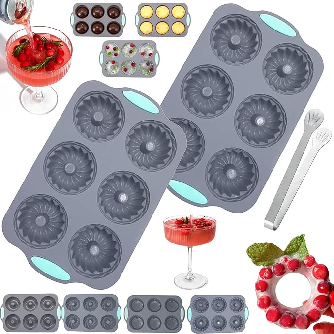 Wreath Ice Mold, Christmas Ice Cube Molds, Silicone Wreath Ice Cubes Tray, 6 Hole Silicone DIY Mold Suitable, Flexible Silicones Easy Release, for Holiday Cocktails/Chocolate/Desserts (A*2)