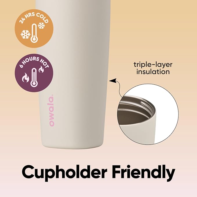 Owala SmoothSip Slider Insulated Stainless Steel Coffee Tumbler, Reusable Iced Coffee Cup, Hot Coffee Travel Mug, BPA Free 20 oz, Pink/Tan (Daybreak) - Image 3