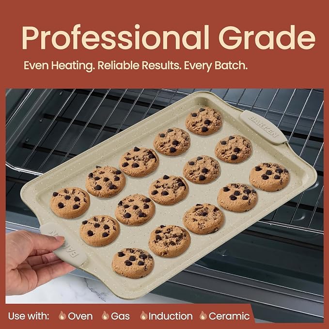 Set of 3 Nonstick Carbon Steel Baking Sheet Pans, White Marble Finish Oven Safe Bakeware Trays, Dishwasher Safe Stackable Easy Clean for Cookies, Pastries & Roasting - Image 3