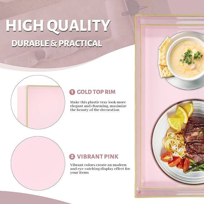 MAONAME Pink Serving Tray with Handles, Plastic Decorative Tray Set of 2 | Pink Decorative Tray for Coffee Table, Modern Ottoman Tray, Rectangle Melamine Tray for Living Room, 15.8"L x 10.2"W x 1.4"H - Image 3