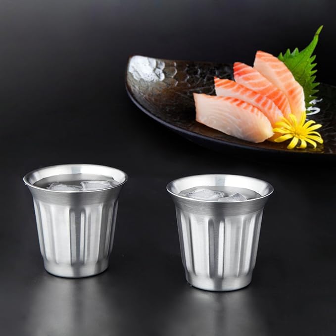 Easyworkz Stainless Steel Double-Wall Espresso Cups 5 oz Set of 2, Vertical Stripe Design, Brushed Silver