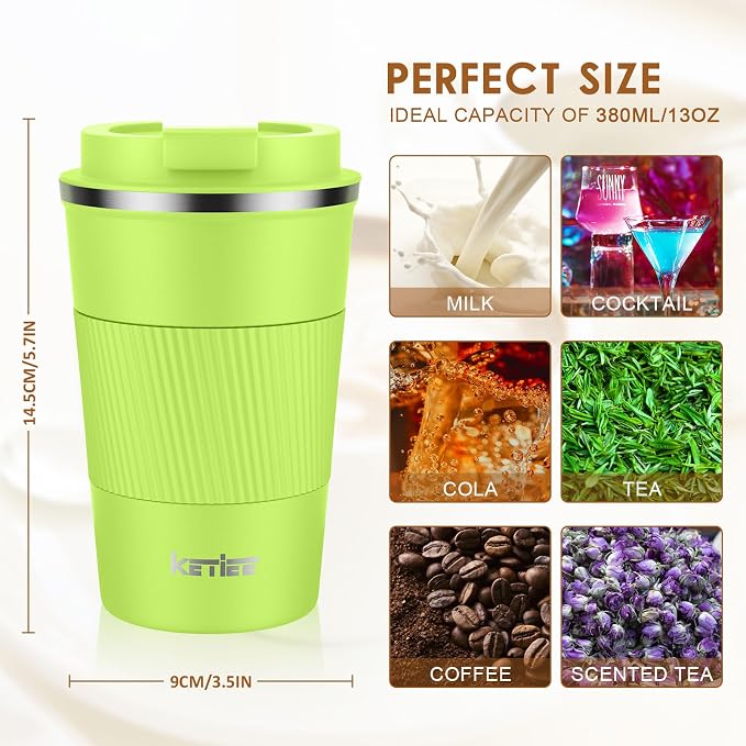 KETIEE Coffee Mug 12oz, Insulated Travel Mug with Leakproof Lid, Double Wall Vacuum Travel Coffee Mug Stainless Steel Reusable Coffee Cup for Hot and Iced Coffee Tea Water (Green) - Image 7
