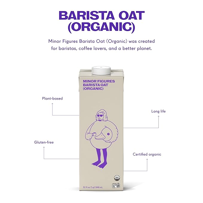 Minor Figures Organic Barista Oat Milk, Plant-Based, Gluten-Free, 32 fl oz, Shelf Stable, Non-GMO, Dairy-Free, No Sugar Added