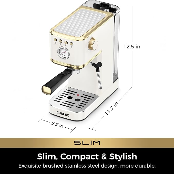 CHULUX Slim Espresso Machine with Milk Frother for Home Latte, White & Gold | Precise Pressure Gauge, Food-Grade Materials, 20 Bar Italian Pump, Professional Temperature Control System, Stainless Steel - Image 8