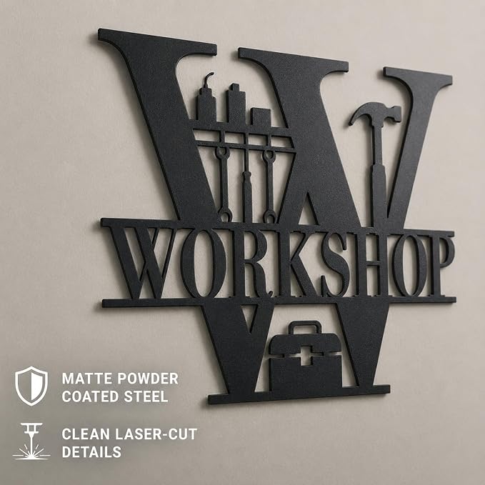 Workshop Metal Wall Decor, Garage and Tool Room Sign, 14 Inch | 14-inch matte black metal workshop sign with pre-drilled holes for garages, tool rooms, sheds, studios, and workspaces. - Image 3
