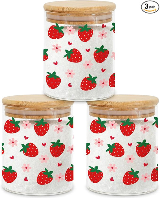 Strawberry Glass Storage Jars with Lids, Candy Cookie Jars, 3 Pcs | Cute Strawberry Candy Cookie Jars Canister Set for Girls Women Summer Containers Home Kitchen Counter Decor by Culudea