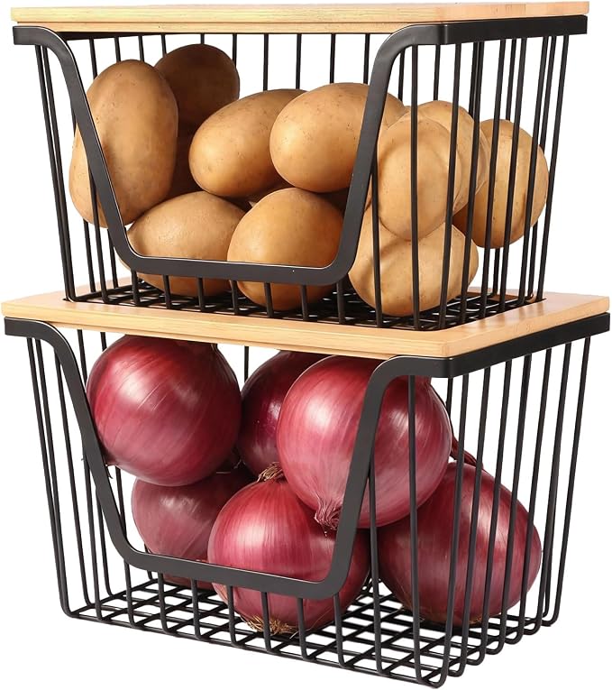 2 PACK Pantry Organizers and Storage, Stackable Onion Potato Bins | Large Wire Storage Basket, Breathable Design for Onion, Potato, Garlic, Fruit, Vegetables Fresh, Kitchen Pantry Storage by Snpwne