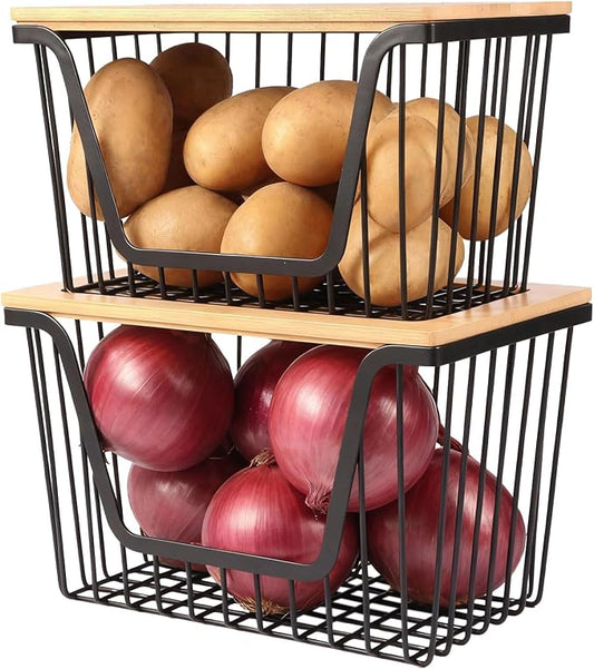 2 PACK Pantry Organizers and Storage, Stackable Onion Potato Bins | Large Wire Storage Basket, Breathable Design for Onion, Potato, Garlic, Fruit, Vegetables Fresh, Kitchen Pantry Storage by Snpwne