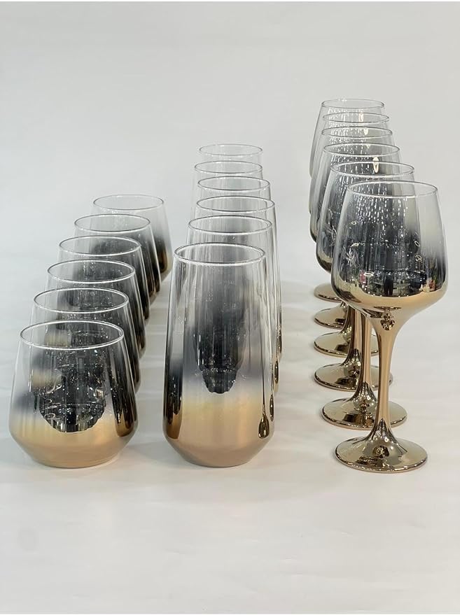 SODEF 18-Piece quality Titanium Coated Glassware Set - 6 Water Glasses, 6 Highball Glasses, 6 Wine Glasses - Brown Tint - Dishwasher Safe - refined Home Bar Collection - Brown by Unknown