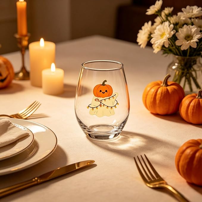 Halloween Stemless Wine Glass, Cute Pumpkin Ghost Cat Egg Shaped Tumbler, Clear Waterproof Printed Glassware, Festive Decorative Cup, Halloween Party Supplies & Holiday Gift for Women, D - Image 3