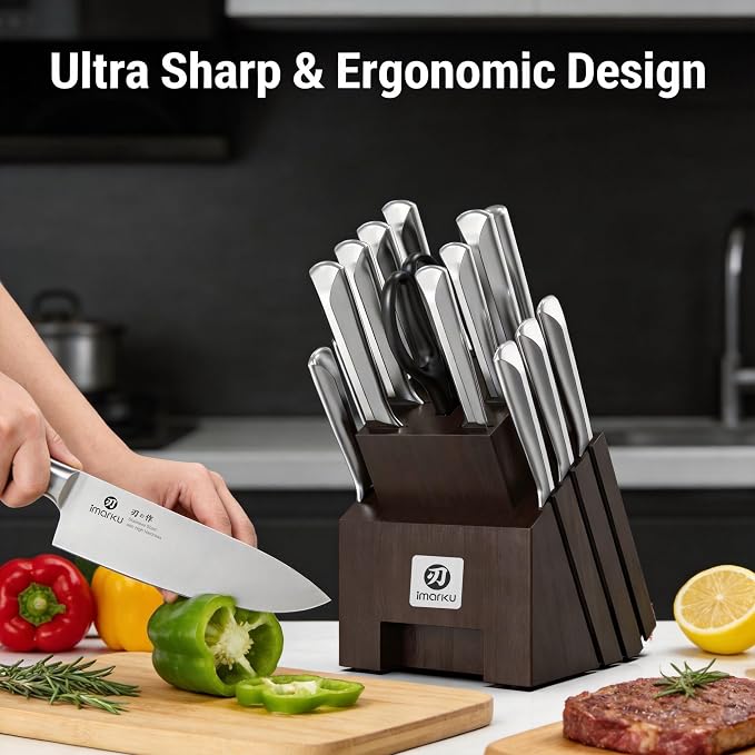 imarku 16-Pieces High Carbon Japanese Stainless Steel Knife Set with Block | Kitchen Knife Set|15°Precision Edge |56±2 HRC Hardness|Built-in Sharpener|Ergonomic Handles|Gifts Mom & Dad - Image 4