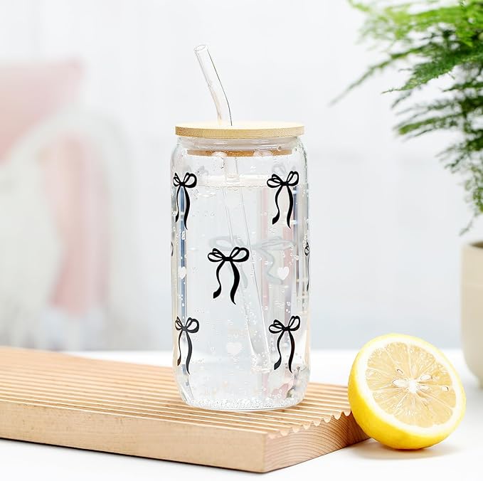 Coquette Black Bow Aesthetic Cup With Gift Box 16oz Glass Cup with Lids Straws and Black Bow Iced Coffee Smoothie Cute Tumbler with Cleaning Brush for Girls Bestfriend Sister Girlfriend