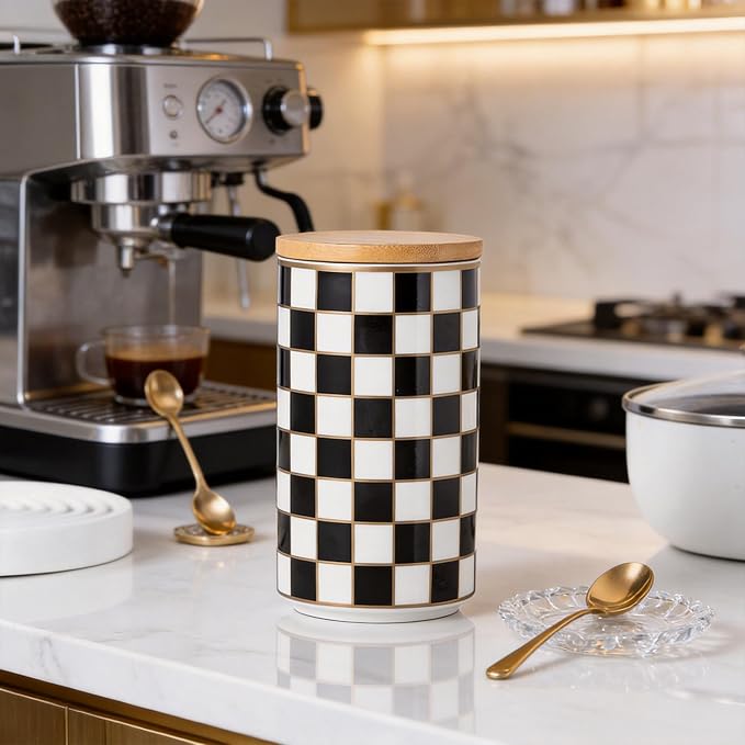 Kitchen Countertop Ceramic Checkered Canisters,Black And White Food Storage Containers With Lid,Airtight Kitchen Canisters for Flour, Sugar, Coffee, Tea, and Dry Goods (Black, Large) - Image 9