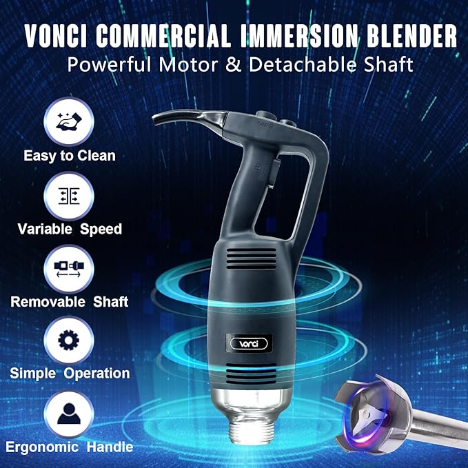 VONCI 750W Commercial Immersion Blender, Electric Hand Blender with 16" Detachable Shaft, Variable Speed 8000-19000RPM,Industrial Immersion Blender for Restaurant Kitchen.Extra Heavy Duty Hand Mixer.