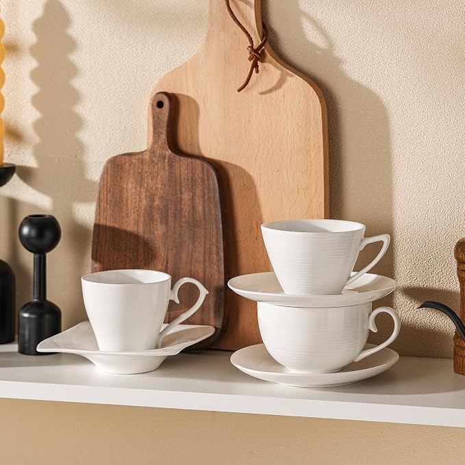 12 oz Cappuccino Cups with Saucers, Ceramic Espresso Coffee Cups Set of 4, White Latte Cup and Saucer, Elegant Tea Mugs Set, Microwave Dishwasher Safe Drinkware for Cafe, Housewarming Gift - Image 9