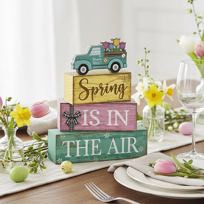 Moucuny 4 Pcs Spring Table Decor Wooden Blue Truck Decoration Flower Centerpiece Spring Tiered Tray Decor Decorative Colorful Flower Block Signs Gift Farmhouse Decoration for Home Kitchen - Image 7