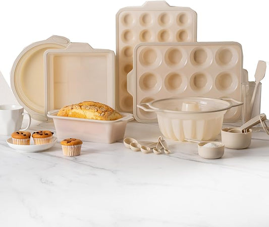 COOK WITH COLOR 17 Pc. Silicone Baking Pan Set - Non-Stick & Easy Clean Silicone Muffin Pans for Baking with Sturdy Metal Frame for Stability, Flexible Cake Molds, Includes Measuring Cups and Spoons