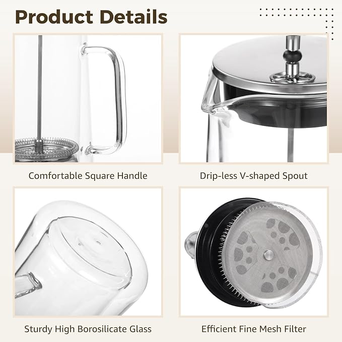Press Coffee Maker, 1000 ml 33.8 oz Double Wall Insulated Tea Maker, High Borosilicate Glass, Fine Mesh Filter, Ergonomic Handle, Heat Safe, V Shaped Spout, For Hot and Cold Beverages - Image 5