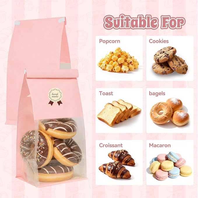 Funcoo 50 Bakery Bags with Window, 5.1x3.9x11 Inches Paper Bread Bags, Tin Tie Tab Lock Cookie Bags Food Storage Bag for Snacks, Popcorn, Candies, 60 pcs Stickers Included - Image 4
