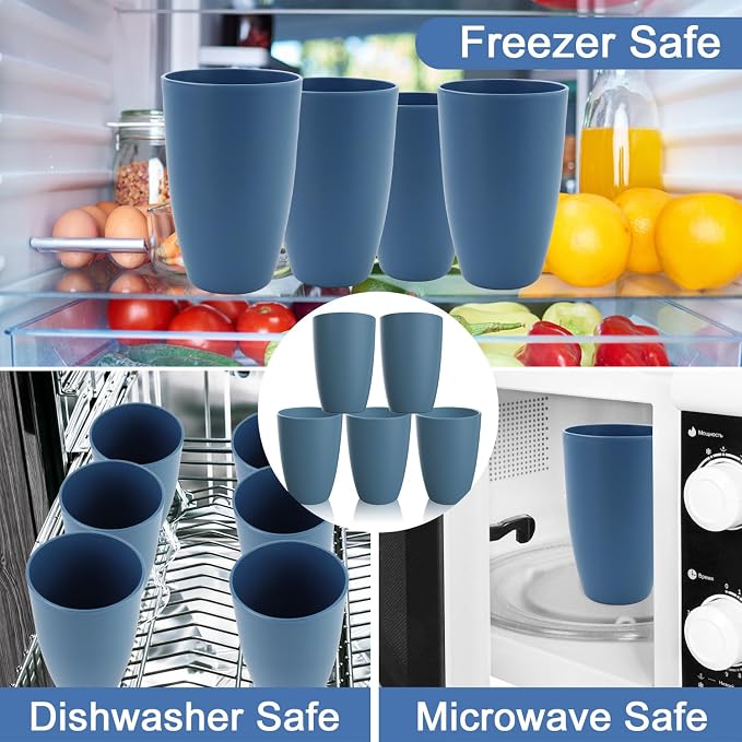 20 OZ Large Drinking Cups, Wheat Straw Cups Set of 6, Unbreakable Plastic Tumblers, Big Kitchen Cups Microwave & Dishwasher Safe Water Glasses for Kitchen, Bathroom, Party - Blue - Image 5