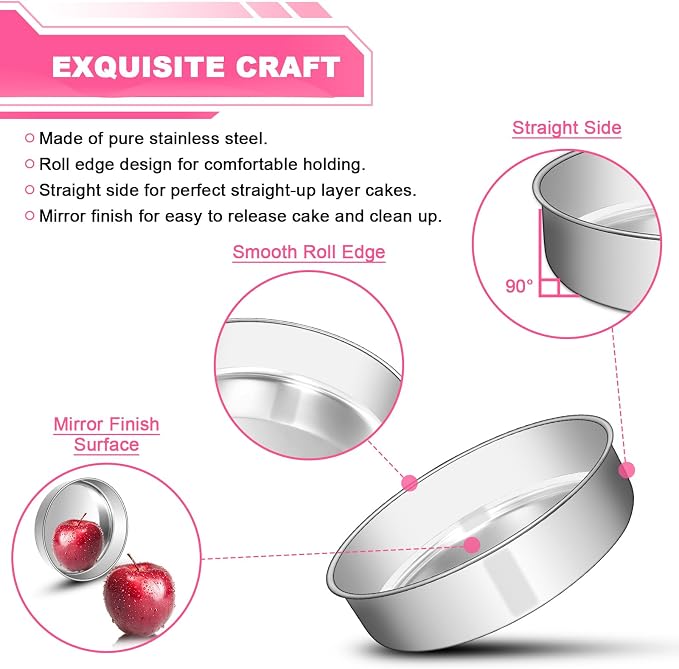 EWFEN 6 Inch Cake Pan Set of 2, Stainless Steel Round Layer Cake Baking Pans Tins, Non-Toxic & Healthy, Leak-proof & Easy Clean & Dishwasher Safe - Image 3