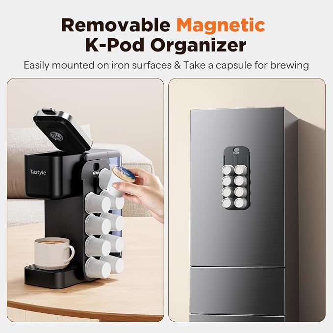 Tastyle Hot & Iced Coffee Maker with Magnetic K-Pod Holder, Fits 7.3'' Mug | Stores 10 Pods, for K Cup & Grounds, Compact for Home, Office & RV， Brew 6-24oz Coffee, 40 oz Removable Tank, K330CH, Black - Image 3