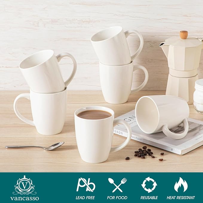 vancasso White Ceramic Coffee Mug Set of 6, 16 Oz Tea Cups with Handle for Latte, Tea, Cappuccino, Milk, Cocoa, Microwave&Dishwasher Safe - Image 3