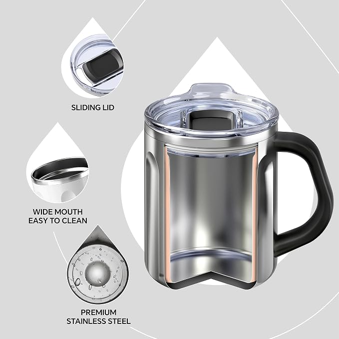 Ideus 16 oz Insulated Coffee Mug with Handle and Lid, Double Wall Stainless Steel Vacuum Thermal Coffee Mug, Travel Coffee Cup Thermal Cup for Home and Office, Snow White-FUJI FLOW - Image 3