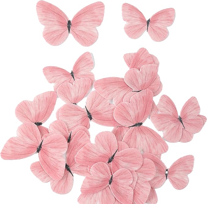 58Pcs Pink Edible Butterflies Cake Toppers Cake Cupcake Decoration | Wafer Glutinous Paper Butterfly Colorful Small Pastel Cupcake Topper Decoratings for Wedding Birthday Baby Shower(Mix Size) - Image 2