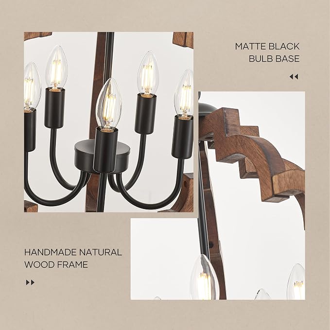 20.5" Farmhouse Vintage Chandelier 5-Light for Dining Room Rustic Handmade Wood Hanging Ceiling Pendant Light Fixture for Entryway Brown Retro Chandeliers for Kitchen Bedroom Foyer Hallway - Image 8