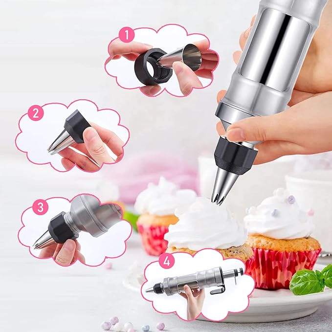 Dessert Cake Decorating Tools kit,Stainless Steel Frosting Piping Kit with 19 Icing Nozzles,3 Cream Scrapers,3 Nozzle Brush and 1 Reusable Pastry Bags,cupcake decorating kit