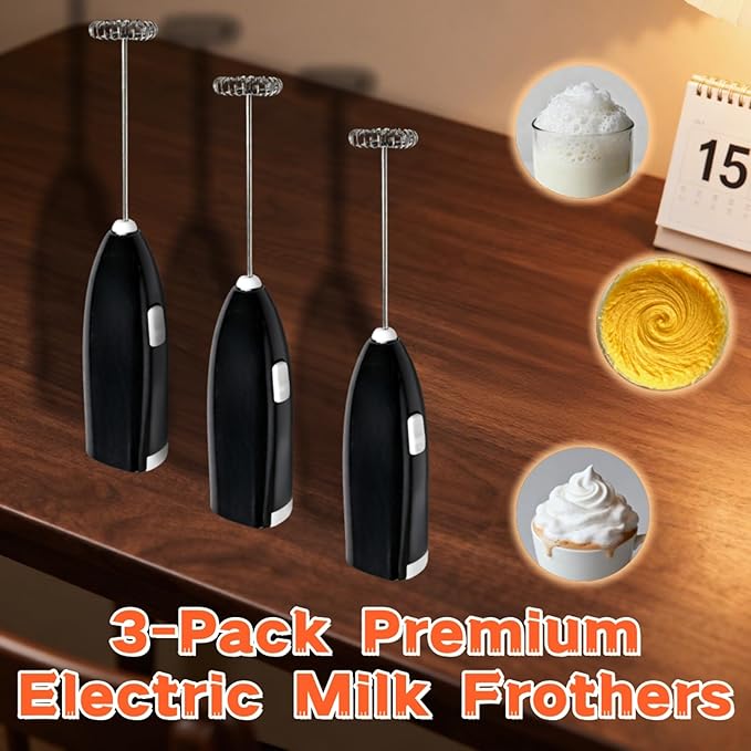 3-Pack Milk Frother, Powerful Handheld Drink Mixer with Stainless Steel Whisk, Battery Operated Frother Wand for Coffee
