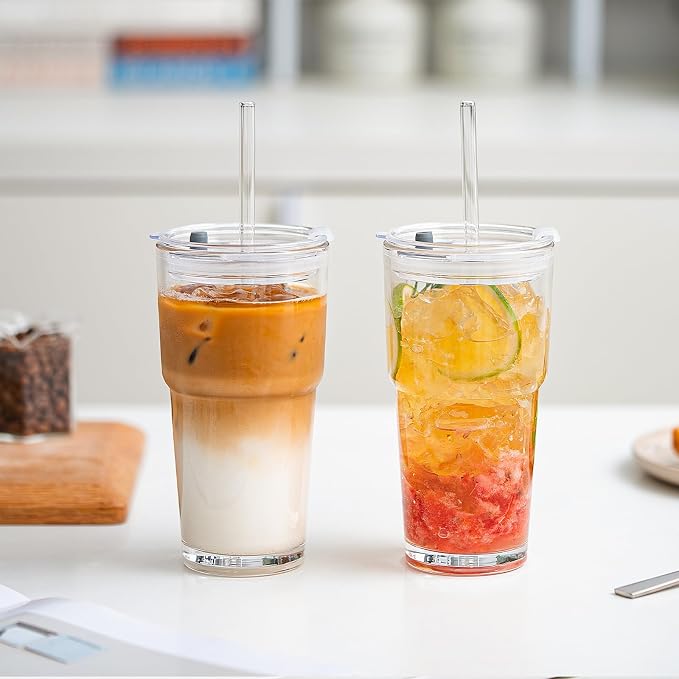 SoulTimes 20oz Clear Glass Tumbler with Lid and Straw – Iced Coffee Glasses Cups for Smoothie, Matcha, Juice, Water etc. Leakproof and Reusable Glassware Drinking for Travel To Go 【2 Pack】 - Image 2