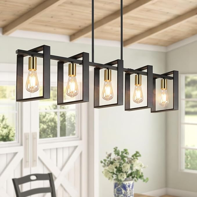 5-Light Black Gold Dining Room Light Fixture, 53’’ Farmhouse Wood Chandelier Kitchen Island Lighting Over Table, Modern Black Rectangular Hanging Pendant Light Fixture for Living Room, E26 Sockets by Brightever