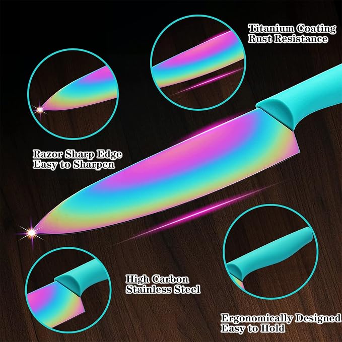 Knife Set with Spoons, KYA37B Knife Sets with Blade Guards and Measuring Spoons, Marco Almond® Rainbow Color 17-Piece Stainless Steel Kitchen Knives Set with Covers | 6 Knives w 6 Blade Guards&Spoon Steel Knife Set for Kitchen, Anti-Rust,Ergonomic Hand... - Image 3