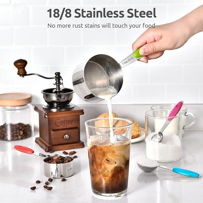 Measuring Cups and Spoons Set: U-Taste 18/8 Stainless Steel 10 Pieces Stacking Kitchen Baking Cooking Food Measure Set 5 Cups 5 Spoons with Strengthened Weld Joints (Multicolors, Upgraded Version)
