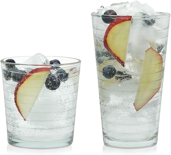Libbey Hoops Tumbler and Rock Glass Set, Two Sized Nostalgic Retro Glass Cups Set, Dishwasher Safe Glasses Drinking Set of 16 for Any Occasion by Libbey