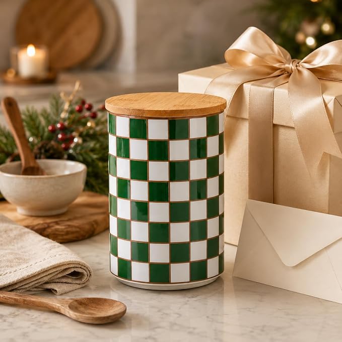 Kitchen Countertop Ceramic Checkered Canisters,Black And White Food Storage Containers With Lid,Airtight Kitchen Canisters for Flour, Sugar, Coffee, Tea, and Dry Goods (Green, XL) - Image 6