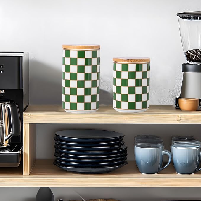 Kitchen Countertop Ceramic Checkered Canisters,Black And White Food Storage Containers With Lid,Airtight Kitchen Canisters for Flour, Sugar, Coffee, Tea, and Dry Goods (Green, Small) - Image 9