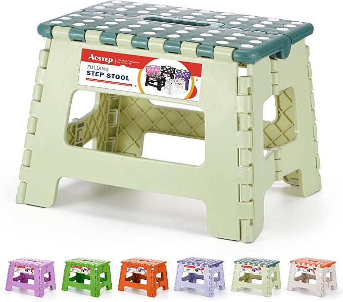 ACSTEP 9 Inch Folding Step Stool 300 LB Capacity Plastic Foldable Step Stools for Kids and Adults, Folding Stool Suitable for Kitchen, Stepping Stool with Handle Bicolor Green Small Step Stool 1PC | Lightweight Plastic Small Foldable Step Stool with Ha... by ACSTEP