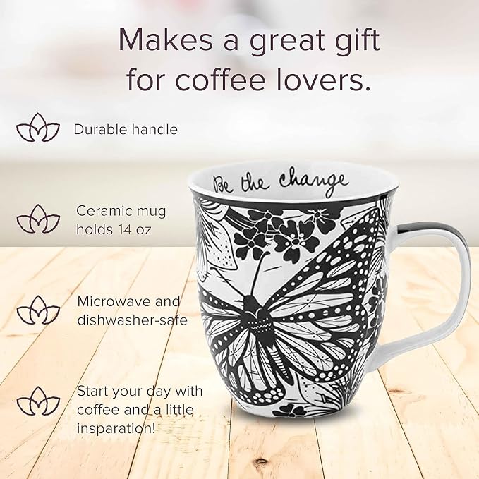 Karma Gifts 14 oz Black and White Boho Mug Butterfly - Cute Coffee and Tea Mug - Ceramic Coffee Mugs for Women and Men - Image 2