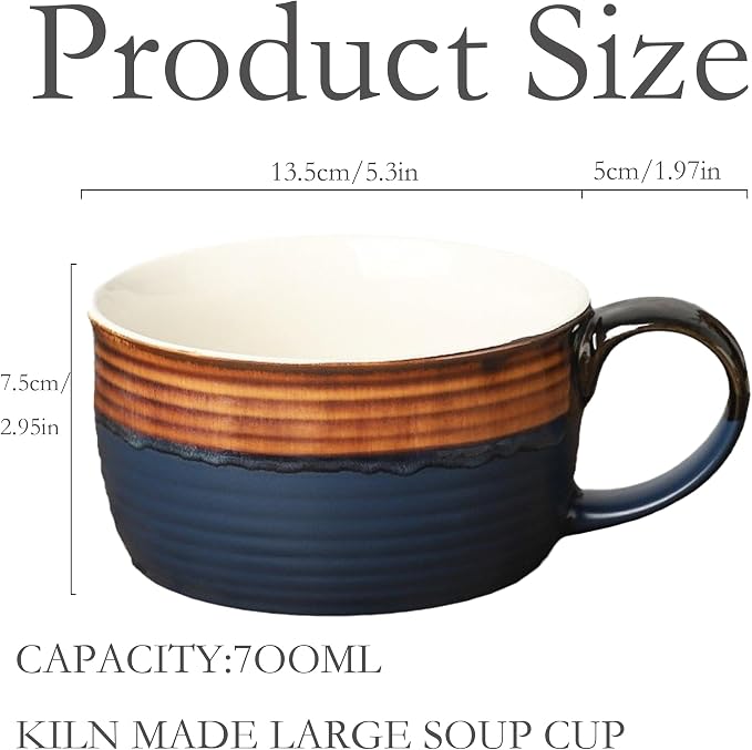 Disoza Blue & Brown Large Ceramic Soup Mug with Handles 24 OZ Oversized Bowl Porcelain 700 ML Coffee Tea Cup XXL Cereal Soups Ramen Salad Bowl - Image 2