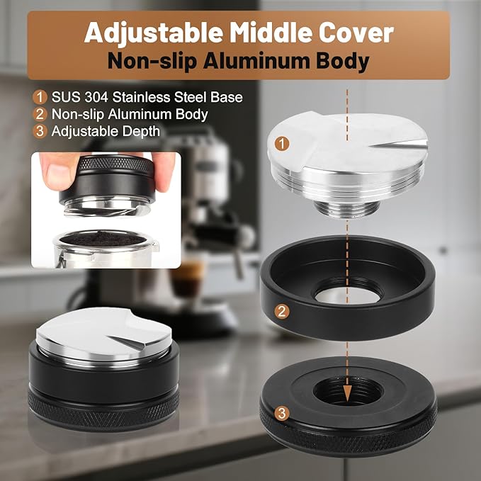 53mm Espresso Tamper Kit - Spring-loaded Coffee Tamper, Adjustable Depth Espresso Distributor Leveler, Magnetic Dosing Funnel Aluminum Metal, Reusable Puck Screen, Fit for 53mm Portafilters
