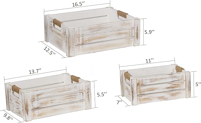 TIMRIS Set of 3 Rustic Wood Nesting Crates, Farmhouse Wooden Storage Container Boxes with Cutout Handles, Decorative Wooden Baskets for Display (Whitewash) - Image 7