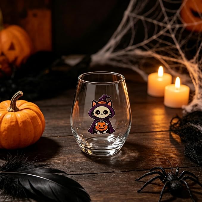 Halloween Stemless Wine Glass, Cute Pumpkin Ghost Cat Egg Shaped Tumbler, Clear Waterproof Printed Glassware, Festive Decorative Cup, Halloween Party Supplies & Holiday Gift for Women, B - Image 2